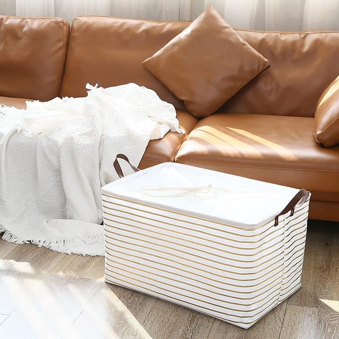 Hinwo 70L Extra Large Storage Bins, 4-Pack Closet Organizers and Storage, Foldable Clothes Storage Baskets with Handles, Containers for Clothing, Blanket, Comforters, Toys, Bedding (Gold Stripe)