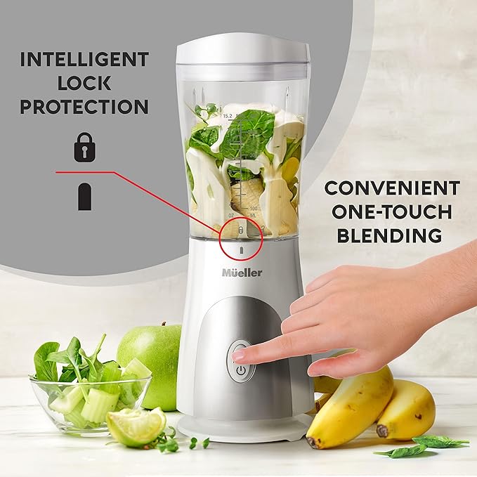 Mueller Smoothie Blender for Smoothies - Personal Blender for Shakes, Frozen Drinks, Baby Food & More, 15oz Travel Cup and Lid, Durable Stainless Steel Blades for Powerful Blending Performance, White