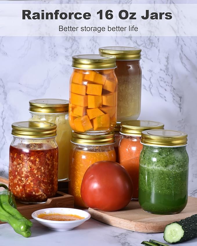 16 oz Mason Jars With Lids Regular Mouth 15 Pack-16 oz Glass Jars with Gold Lids,Bulk Pint Clear Glass Jars For Meal Prep, Food Storage With 20 Labels
