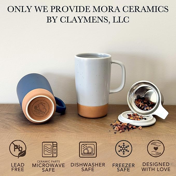Mora Ceramics Large Tea Mug with Loose Leaf Infuser and Ceramic Lid, 18 oz, Portable, Microwave and Dishwasher Safe, Tall Coffee Cup - Rustic Matte Ceramic Glaze, Modern Herbal Tea Strainer, Sleet
