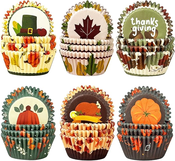 qiqee Cupcake Liners Thanksgiving Papers Baking Cups Wrappers for Thanksgiving Party Festival Holiday Baking Essentials (Standard 300-Count Food Grade Design)