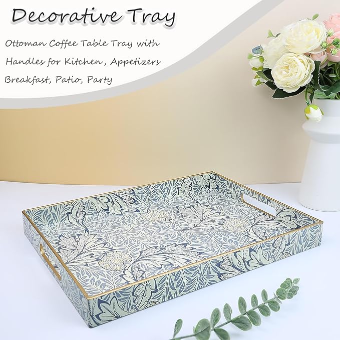 Rectangle Plastic Serving Tray with Handles, Elegant Decorative Tray for Coffee Table, Ottoman, Living Room, Kitchen, and Outdoor Use. 12"*16"*1.6" F
