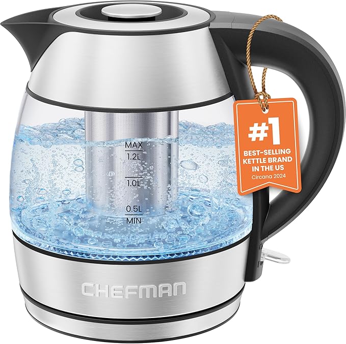 CHEFMAN Electric Kettle - 1.2L 1500W Hot Water Tea Pot with Infuser, BPA Free, Auto Shut Off, Boil-Dry Protection, Removable Lid, LED Light, Cordless Glass Electric Tea Kettle – Stainless Steel