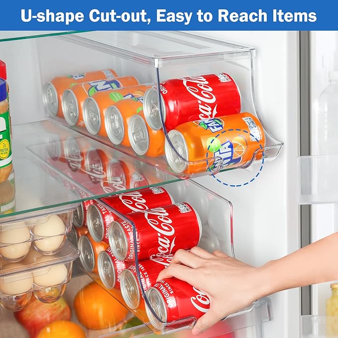 Puricon 2 Pack Soda Can Organizer Dispenser for Refrigerator, Plastic Canned Food Pop Beverage Container Holder Storage Bin with Lid for Freezer Rack Pantry Cabinet Cupboard Kitchen -Standard