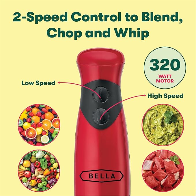 BELLA 2-Speed Hand Immersion Blender with Whisk Attachment, 250 Watt, Red, Immersion Blender with Dishwasher Safe Whisk & Blending Attachments for Food Prep (14460)