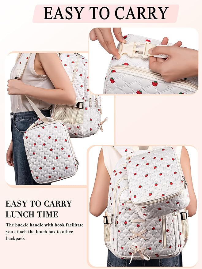 TuErCao Cute Strawberry-Print Lunch Box Kids for School, Compact Reusable Tote LunchBox for Girls for School, Office, Picnic, Lightweight Small Lunch Bag Fits Bento Boxes, Snack and Foods