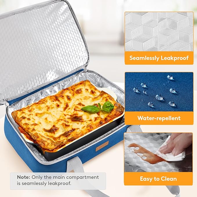 LUNCIA Insulated Casserole Carrier for Hot or Cold Food, Lasagna Lugger Tote for Potluck Parties/Picnic/Cookouts, Fits 9"×13" Baking Dish, Pure Blue
