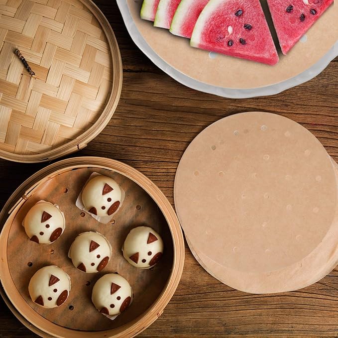 100pcs Unbleached Air Fryer Liners, Vancens 7.5 inches Bamboo Steamer Liners, Premium Perforated Parchment Steaming Papers, Non-stick Steamer Mat, Perfect for 3.5 & 3.7QT Air Fryers/Baking/Cooking