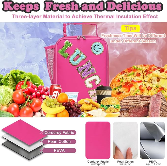 FlowFly Lunch box Insulated Soft Bag Mini Cooler Back to School Thermal Meal Tote Kit With Buckle and Mesh Side Pocket for Girls, Boys, RoseRedWithLetter