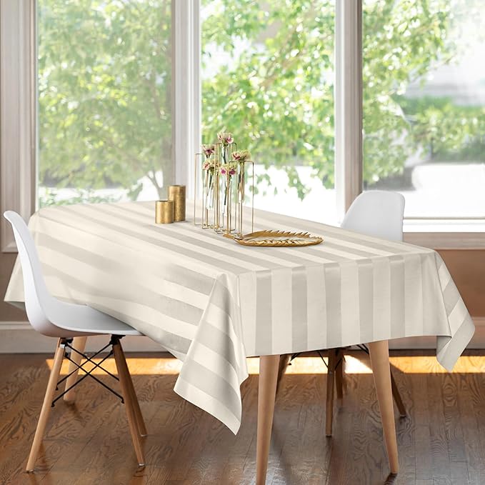 Luxury Table Protector Pad, 2 in 1 Table pad + Great Looking Tablecloth - Heat Resistant, Spill & Stain Proof - Flannel Backing (Ivory - Silk Stripe, 54x108)