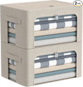 CYhom Clothes Storage Bins Box - Linen Fabric Foldable Stackable Container Organizer Set with Clear Window & Carry Handles & Metal Frame - 2Pack Large Capacity for Bedding, Blankets, Books