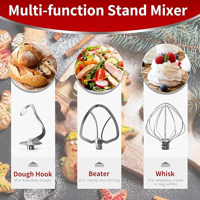 Vospeed 9 IN 1 Stand Mixer, 850W Tilt-Head Multifunctional Electric Mixer with 8 QT Stainless Steel Bowl, 1.5L Glass Jar, Meat Grinder, Hook, Whisk, Beater Dishwasher Safe (Red)