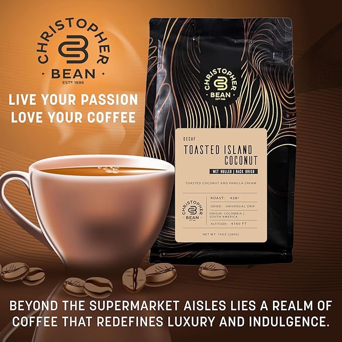 Christopher Bean Coffee - Certified Kosher - Decaf Ground Universal Drip Toasted Island Coconut Flavored Coffee| Flavored Coffee with Medium Roast 100% Arabica, No Sugar, No Fats, Non-GMO | 10-Ounce