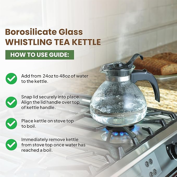 Borosilicate Glass Stove Top Whistling Tea Kettle - 12 Cup/48oz Capacity - BPA-Free - German Made Glass Kettle for Gas, Electric, and Glass Ranges