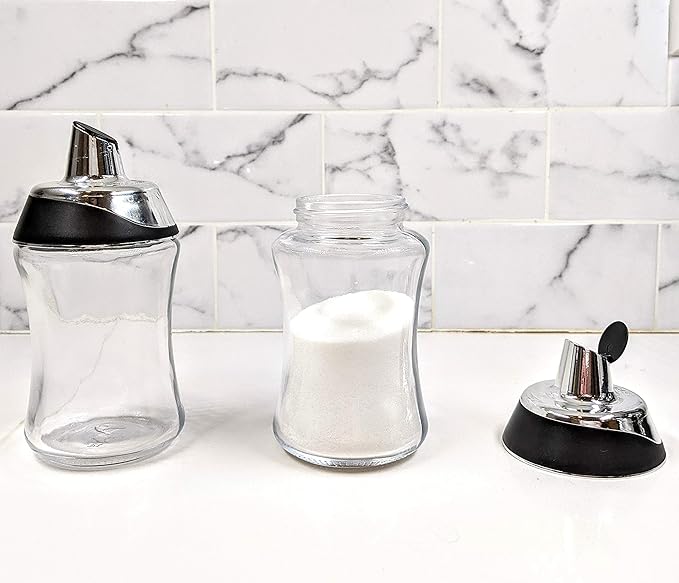 J&M DESIGN Sugar Dispenser with Pour Spout Lid Sugar Container Shaker Coffee Bar Accessories Organizer Essentials Powdered Creamer Baking Supplies 7.5oz Glass Jar Pourer Sugar Bowl Salt Dish Holder