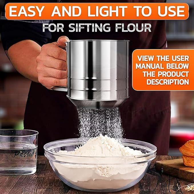 5 Cup Flour Sifter for Baking – Large Capacity Flour Sifter Stainless Steel with Double Mesh, Easy One-Hand Use & Dishwasher Safe – Baking Tools for Sifting Powdered Sugar, Cocoa & Christmas Cookies