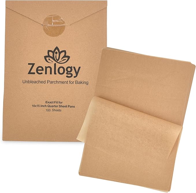 Zenlogy 10x15 Parchment Paper (100 Sheets) - Unbleached, High Heat, Non-stick, Pre-cut Baking Paper for Jelly Roll Pans - Great for Baking, Roasting, Wrapping, Dehydrator, and so much more