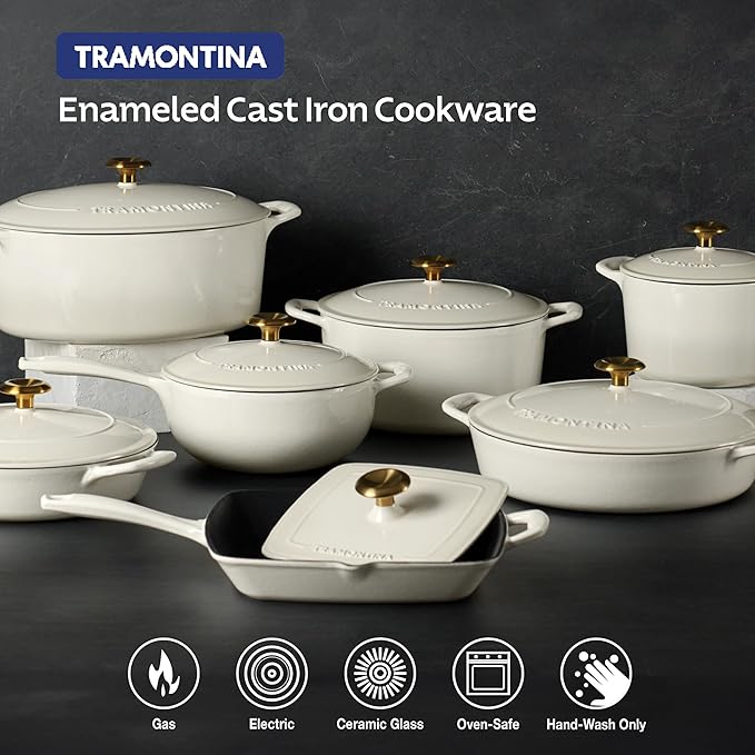 Tramontina Bestow Enameled Cast Iron Dutch Oven Pot with Lid, Round 5.5-quart, Latte with Gold Knob