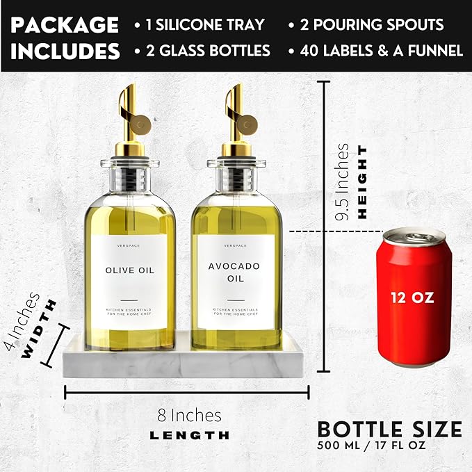Clear Glass Olive Oil Dispenser Bottles For Kitchen With Silicone Tray & 40 Labels, Soy Sauce Dispenser, Coffee Syrup Dispenser, Olive Oil Bottles Set Of 2, Gold 500ml / 17oz