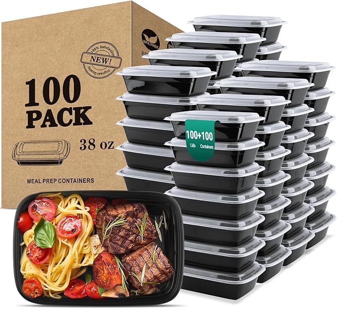 38 Oz Plastic Meal Prep Containers - [100 Set] Food Storage Containers with Lids - Clear Disposable To Go Containers, BPA Free, Stackable, Leakproof, Microwave and Freezer Safe