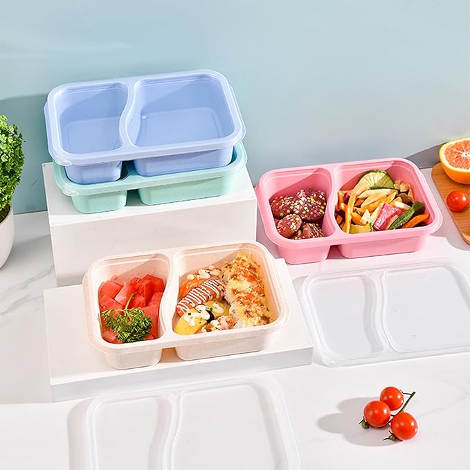 Finorder 4 Pack Wheat Straw Containers, Colorful 2 Compartment Reusable Snack Bento Box Toddler, Rectangle Meal Prep Food Containers for Adults Office and Travel