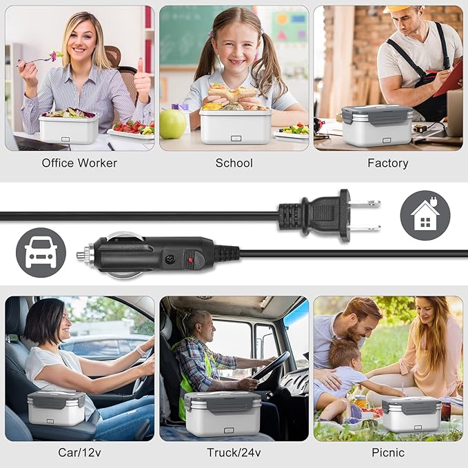 Electric Lunch Box Food Heater 100W, 4 in 1 Ultra Quick Heated Lunch Boxes for Adults 12V/24V/110V/220V Portable Food Warmer for Car/Truck/Office With Fork Spoon and Insulated Carry Bag