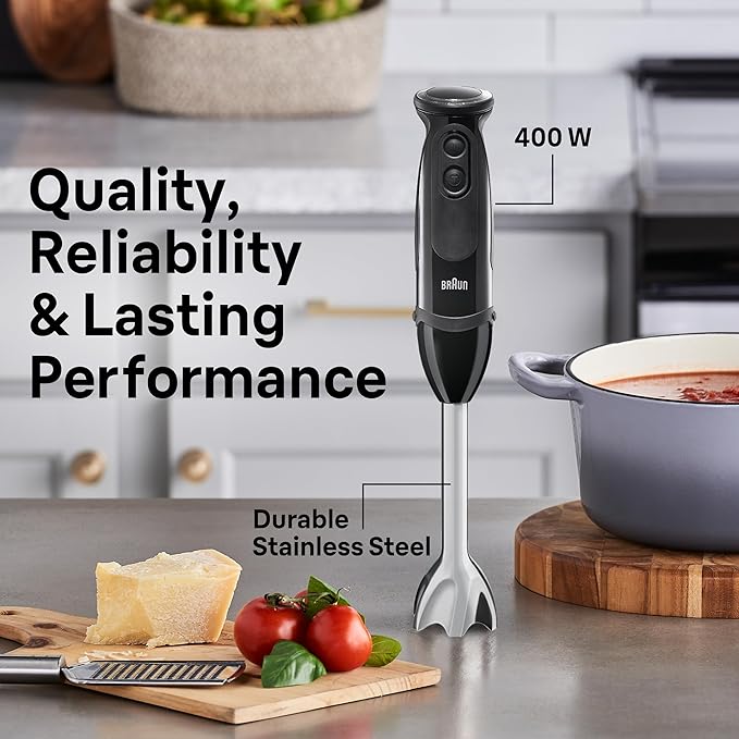 Braun MQ5000 Vario Hand Blender Stick – 21-Speed Handheld Immersion Blender with Turbo Boost, Stainless Steel Blades, SplashControl, EasyClick System, 400W, Hand Blenders for Smoothies