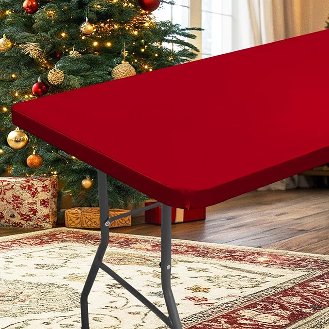 homing Rectangle Table Cloth Cover, Waterproof Polyester Elastic Fitted Tablecloth, Fits for 5 Foot Folding Tables, Washable Table Protector for Christmas, Holiday, Party (Red, 36" x 60")