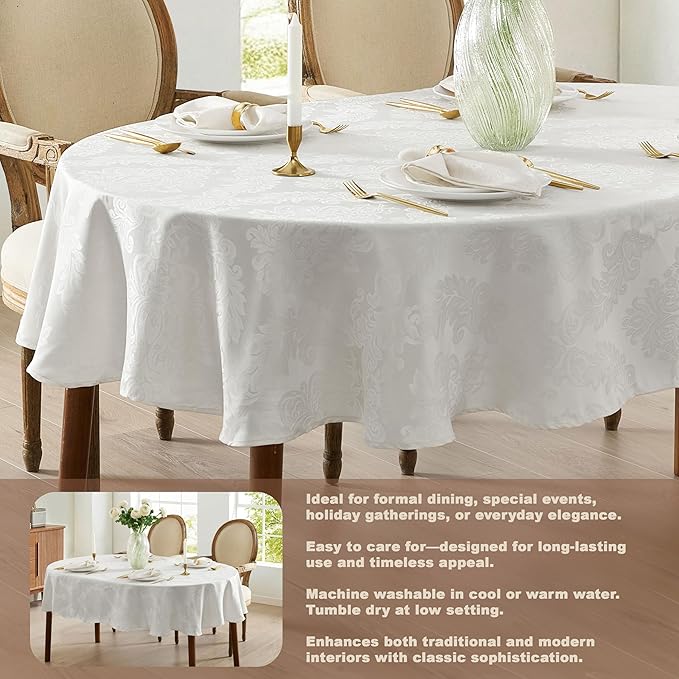Newbridge Barcelona Luxury Damask Fabric Tablecloth, 60” Wide x 120” Oval, White, 100% Polyester, No Iron, Soil Resistant Dining Room, Party and Banquet Table Cover