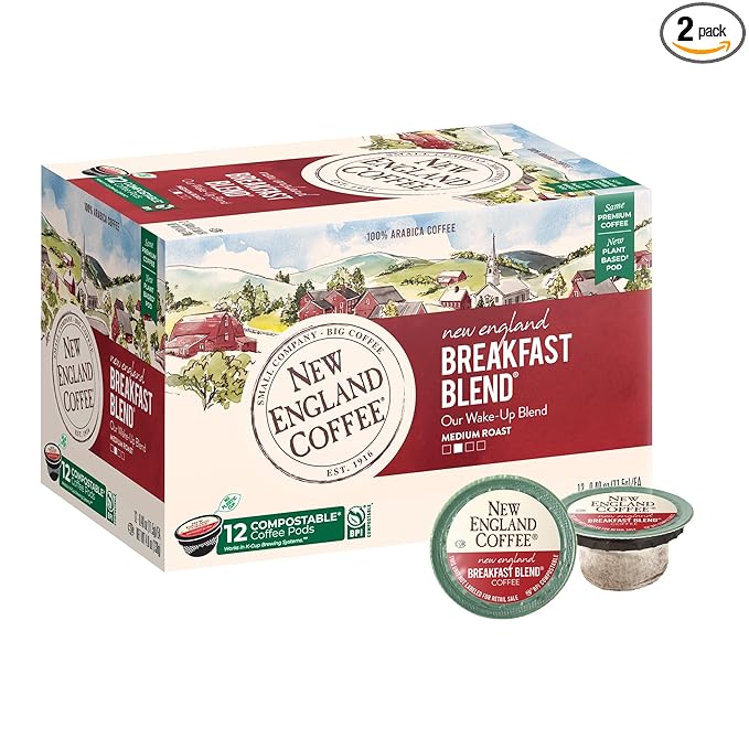 New England Coffee Breakfast Blend Medium Roast Single Serve Pods, 12ct Box (Pack of 2)