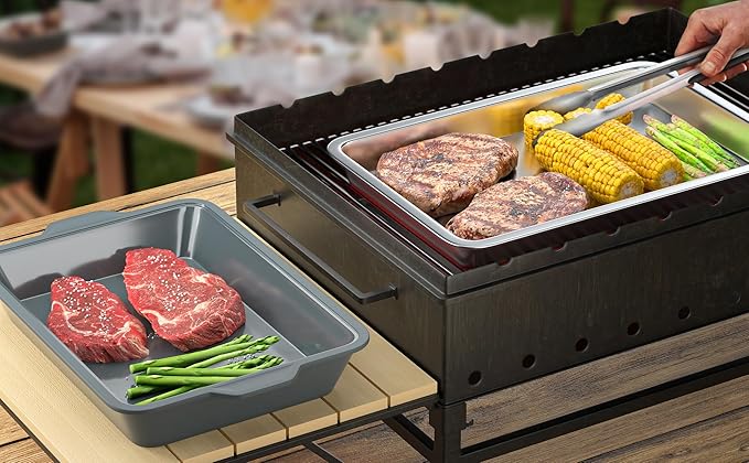 Grill Carry System, 6-Piece Stainless Steel Large Food Prep Tray, 16.5" x 11" Pan, Outdoor Grill with Cooling Rack for Vegetables, Fish, Meat, Great Grilling Gifts for Men