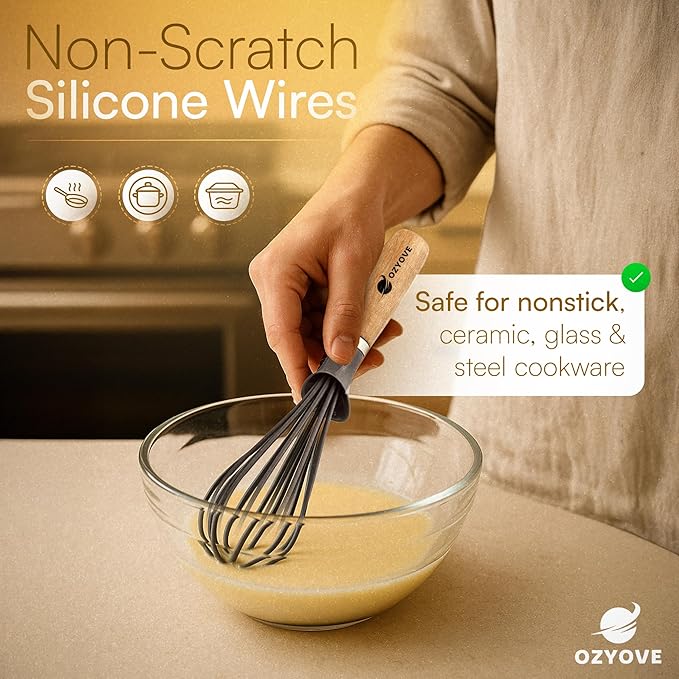 Modern Kitchen Whisk with Wooden Handle, Gray Silicone Wires, Professional Balloon Style for Mixing, Blending, Cooking, Utensil for Whisking Beating Frothing