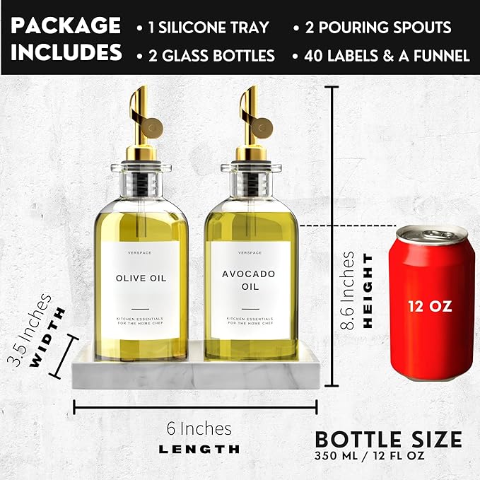 Clear Glass Olive Oil Dispenser Bottles For Kitchen With Silicone Tray & 40 Labels, Soy Sauce Dispenser, Coffee Syrup Dispenser, Olive Oil Bottles Set Of 2, Gold