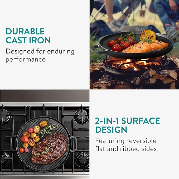 Navaris Double Sided Cast Iron Griddle Plate - BBQ Griddle Plate - Steak Pan or Pancake Griddle Pans - BBQ Hot Plate for BBQ Pan - Induction Griddle or Hot Plate for Gas Hob