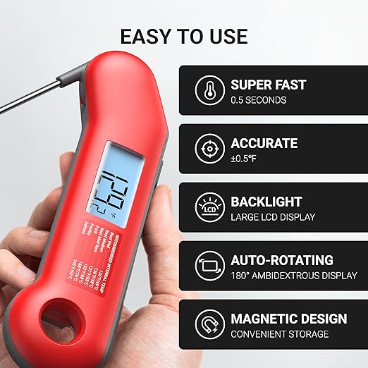 Professional Meat Thermometer Digital, Ultra-Fast 0.5 Sec Instant Read, NIST Certified ±0.5°F Accuracy, 100% Waterproof, Auto-Rotate Backlit Display, Stocking Stuffers for Men Christmas Gifts for Men