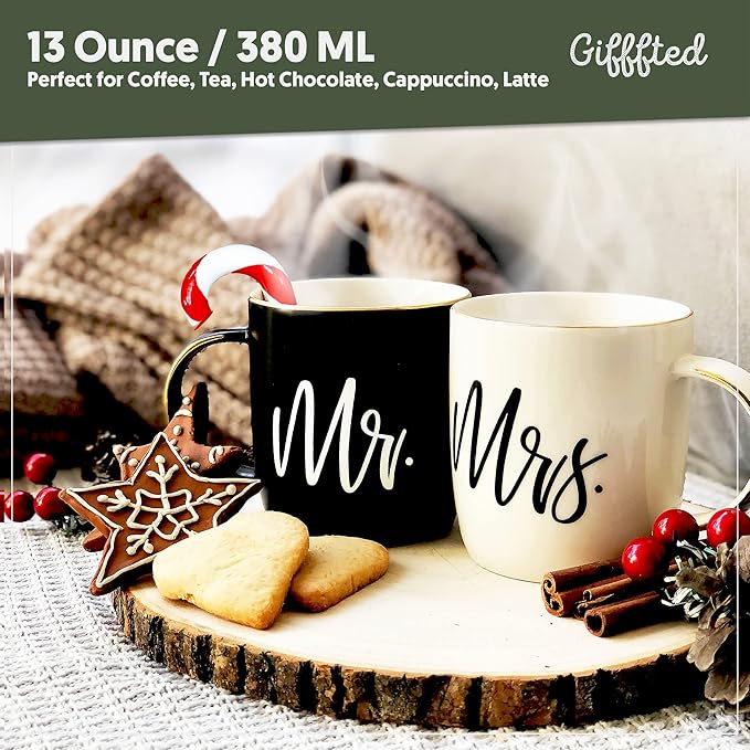 Triple Gifffted Mr and Mrs Coffee Mugs Couples Gifts Ideas for Christmas Wedding Anniversary Engagement Valentines,his Hers Present Husband Wife Him Her Men Women Bride Groom Newlyweds, Ceramic 380ml