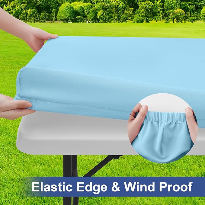 homing Rectangle Table Cloth Cover, Waterproof Polyester Elastic Fitted Tablecloth, Fits for 6 Foot Folding Tables, Washable Table Protector for Picnic, Camping, Outdoor (Light Blue, 30" x 72")