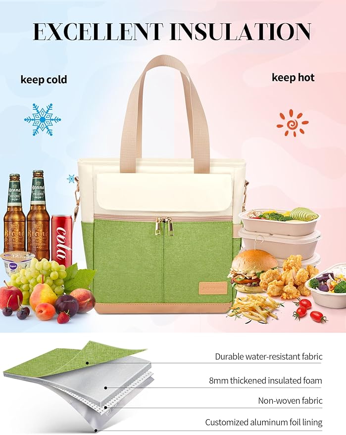 JOYHILL Lunch Bag for Women, Lunch Tote Leakproof Insulated Lunch Box with Shoulder Strap, Adult Reusable Lunch Cooler Tote Bags for Work Picnic Camping Beach (AVOCADO GREEN)