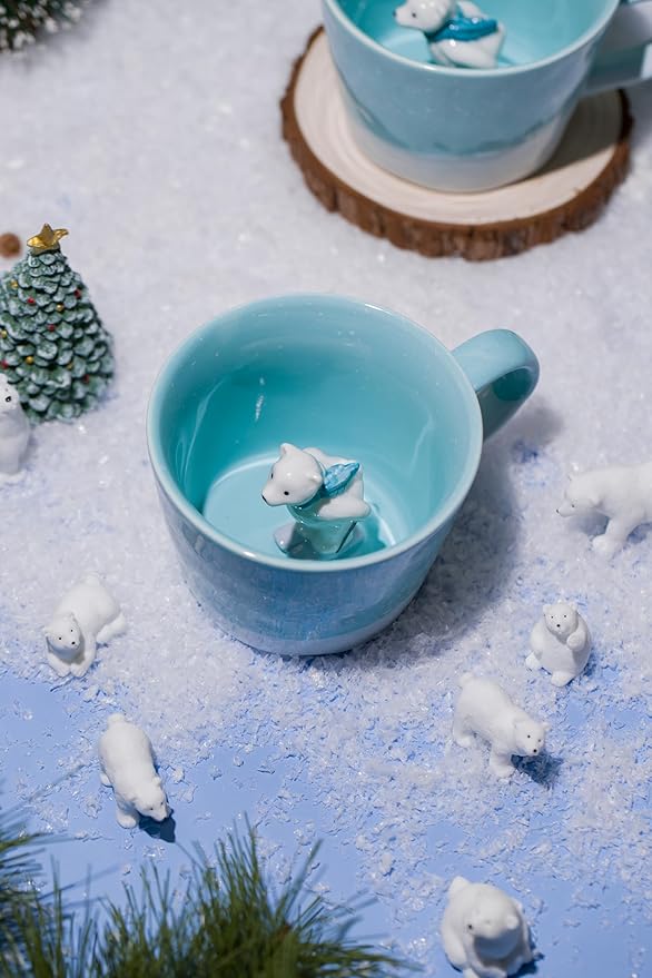 DIHOclub Skiing Polar Bear Ceramic Cup Hidden Animal Inside Mug Cute Cartoon Handmade Figurine Mugs,Holiday and Birthday Gift for Coffee Milk Tea Lovers,12 OZ(Blue White)