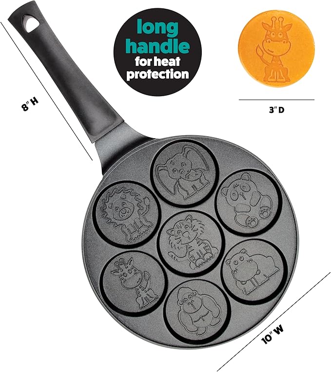 Animal Mini Pancake Pan - Make 7 Unique Flapjack Zoo Animals, Including a Elephant, Giraffe and More- Nonstick Pan Cake Maker Griddle for Breakfast Fun & Easy Cleanup, Xmas Holiday Breakfast or Gift