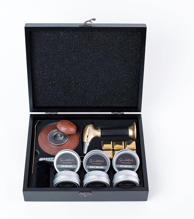 Cocktail Smoker Kit by Smoktail – Gold Luxury Edition for Infusing Bourbon & Whiskey – Old Fashioned Cocktails Smoker Set with Torch & 6 Flavor Wood Chips – Best Gift for Men & Women (Without Butane)