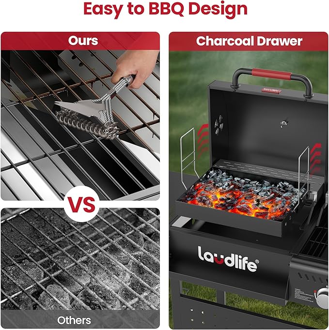 Charcoal Gas Grill Combo with Side Burner, 30,000 BTU Propane BBQ Grill, 748 SQ.IN Cooking Space, Non-Stick Porcelain Enamel Grates, Heavy-Duty Stand for Backyard Outdoor Barbecue