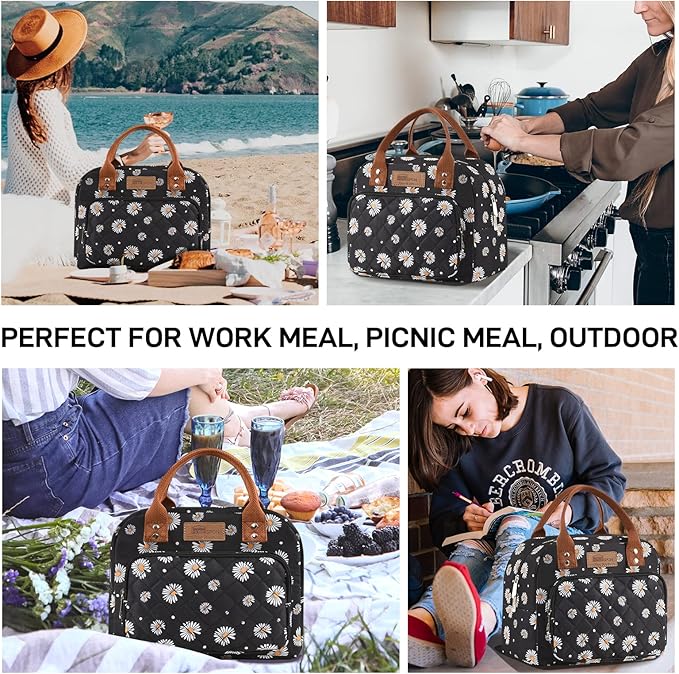 HOMESPON Lunch Bag for Woman Man Adults with Front Pocket Insulated Lunch Tote Lunch Box Container for Work Picnic or Travel(Daisy)