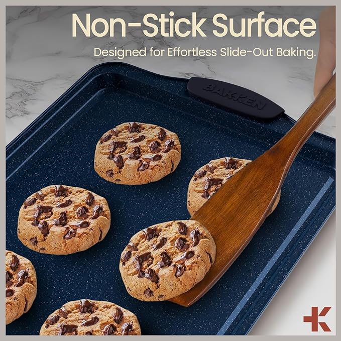 BAKKEN Kitchen Baking Pan Set - Nonstick Coating, Carbon Steel Bakeware Sets with Blue Silicone Handles, Baking Kitchen Essentials, PFOA, PFOS, PTFE Free, Oven Safe Tray (Up To 450° F), Set of 3