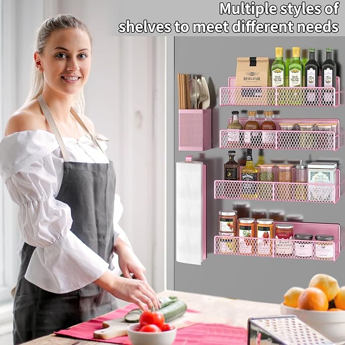Magnetic Spice Rack for Refrigerator, 6 Pack 100% Metal Strong Magnet Shelf, Space Saving Spice Organizer, Home Kitchen Laundry Room Storage Organization W/ Paper Towel Holder, Utensils Racks (Pink)
