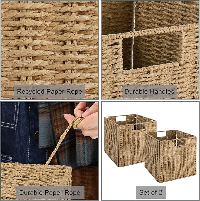 Vagusicc Wicker Baskets, Set of 2 Hand-Woven Storage Baskets for Shelves with Handles, Foldable Cube Wicker Storage Basket Bins Organizer 13 Inches Large Woven Baskets for Storage Organizing & Decor