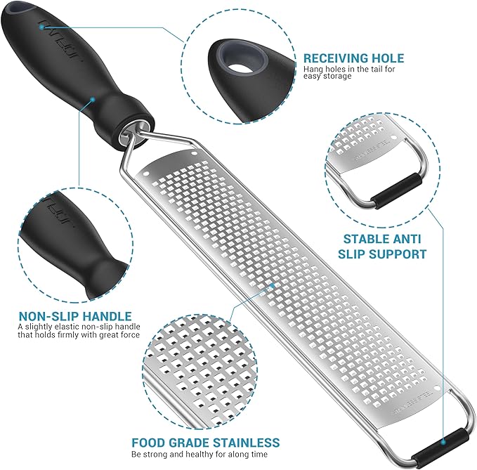 Lemon Zester & Cheese Grater – Sharp Stainless Steel Grater for Citrus, Parmesan, Garlic, Chocolate & Ginger, Non-Slip Grip, Safety Cover & Cleaning Brush