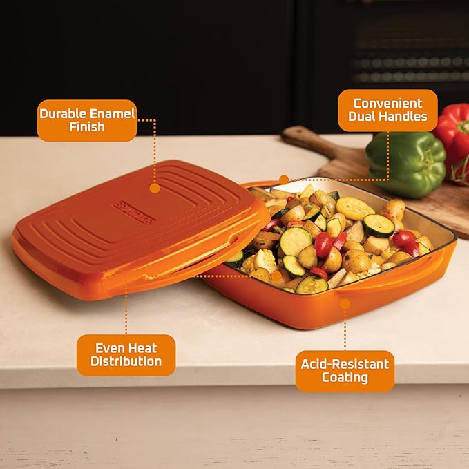 Bruntmor 11-Inch Enameled Cast Iron Cookware - 2-in-1 Square Cast Iron Casserole Dish with Lid and Dual Handles for Baking, Braising, and Roasting - Durable, Nonstick Skillet Dutch Oven, Pumpkin Spice