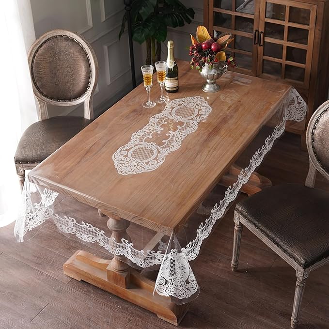 Rectangle Waterproof Clear Table Cover Protector Vinyl Table Cloth Oil Spill Proof Wipe Clean Lace Plastic Tablecloths for Dining Tables (White, 60 x 84 Inches)