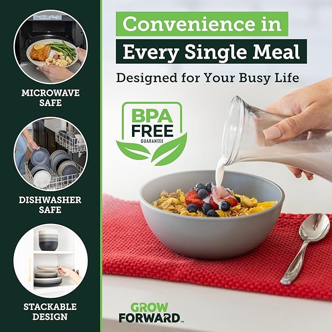 Grow Forward 24-piece Premium Wheat Straw Dinnerware Sets for 8 - Unbreakable Dishwasher & Microwave Safe Plastic Plates and Bowls Sets - Patio, Outdoors, RV, Camping Dishes - Moonlight